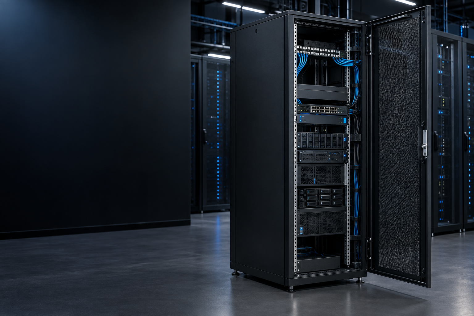 Open server cabinet showing usable mounting depth