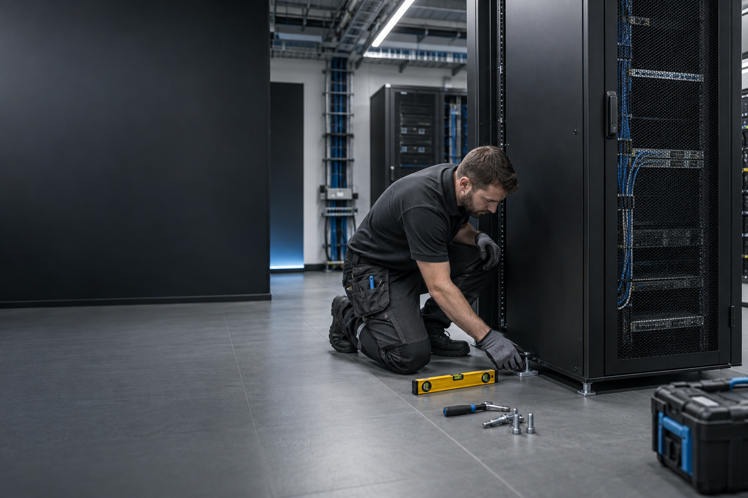 Technician safely installing a floor-standing server cabinet