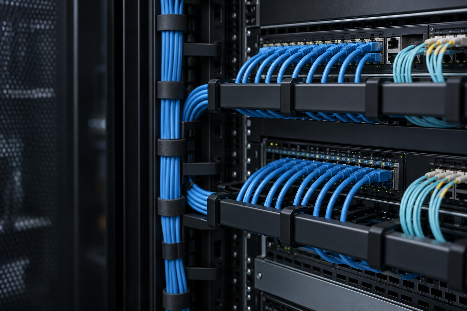 Organised blue network cabling in a 19-inch cabinet